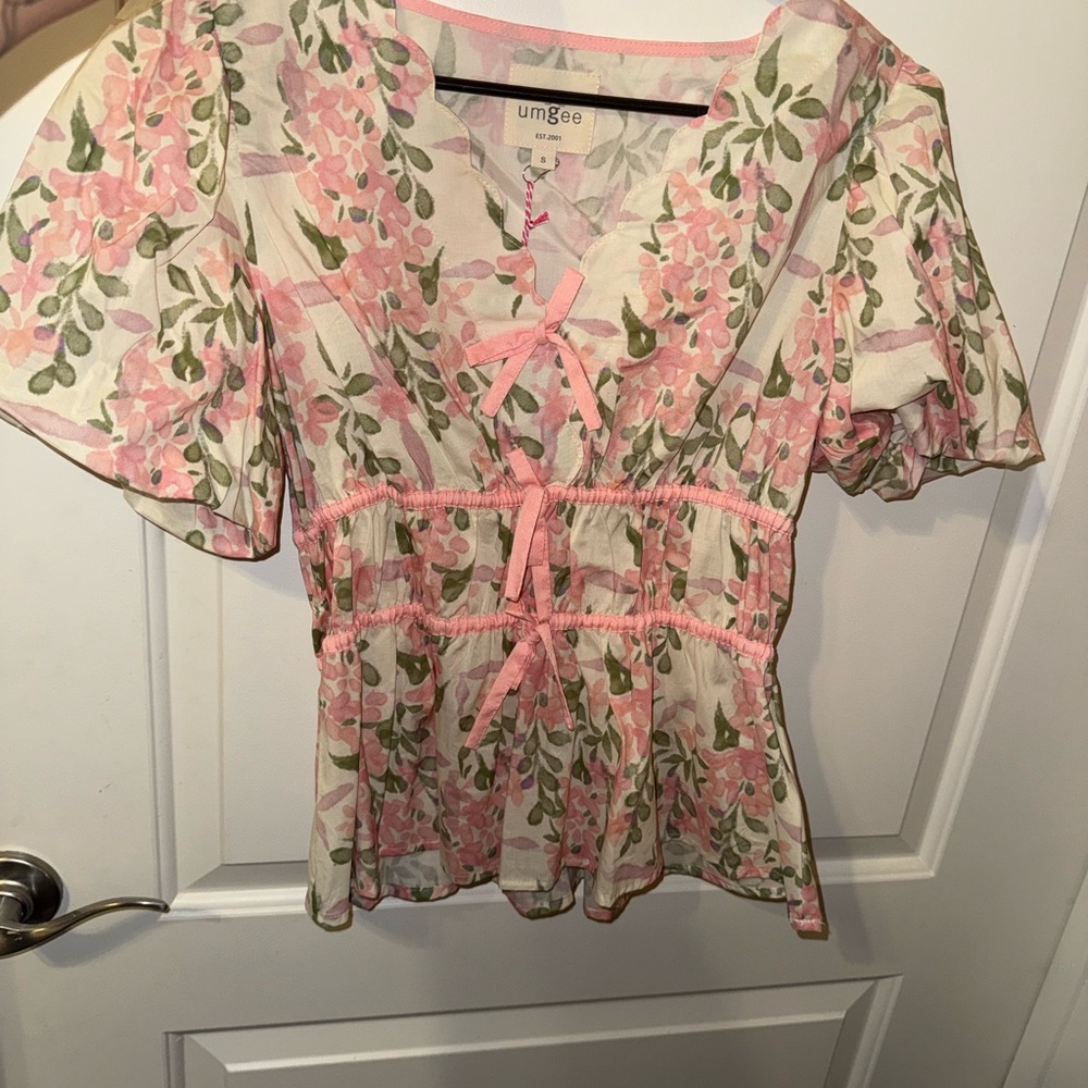 Umgee Cream and Pink Floral Smocked Peplum Blouse